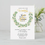 Eucalyptus Greenery Wreath Gold White Wedding Folie Uitnodiging (Staand Voorkant)