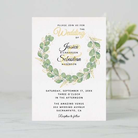 Eucalyptus Greenery Wreath Gold White Wedding Folie Uitnodiging (Staand Voorkant)