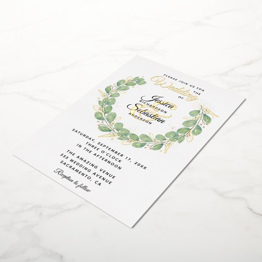 Eucalyptus Greenery Wreath Gold White Wedding Folie Uitnodiging (Gedraaid)