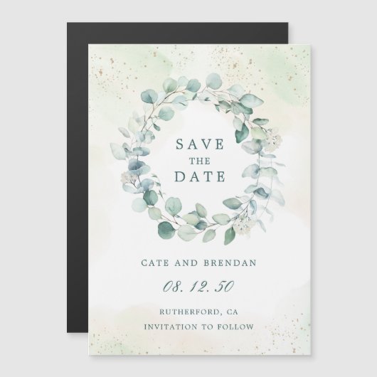 Eucalyptus Greenery Wreath Wedding Save the Date Magnetische Uitnodiging (Voorkant / Achterkant)