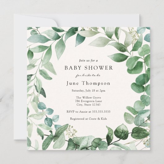 Eucalyptus Greenery Wreator Baby shower Invitation Kaart (Voorkant)