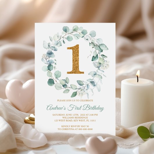 Eucalyptus Greenery Wreaty First Birthday Kaart
