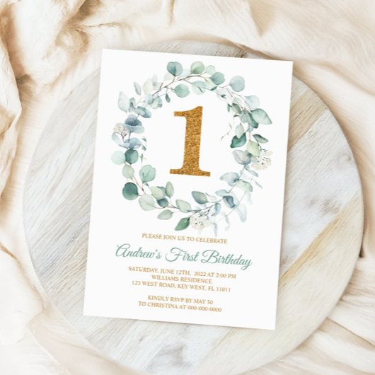 Eucalyptus Greenery Wreaty First Birthday Kaart