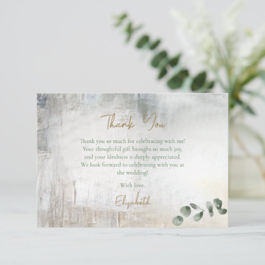 Eucalyptus Grijs Goud Textuur Bruiloft Feest Bedankkaart (Staand voorkant)