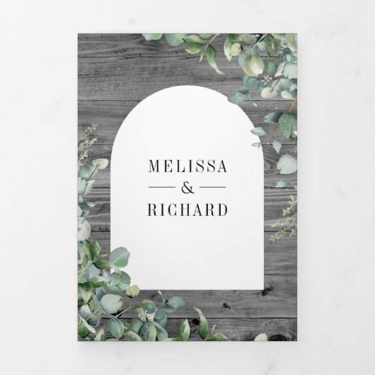 Eucalyptus Grijs Hout Cross Katholieke bruiloft Drieluik Uitnodiging (Cover)
