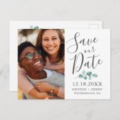 Eucalyptus Grijs Script Foto Opslaan Onze Datum Aankondigingskaart (Voorkant / Achterkant)