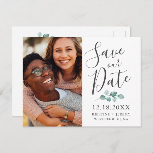 Eucalyptus Grijs Script Foto Opslaan Onze Datum Aankondigingskaart (Voorkant / Achterkant)
