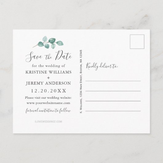 Eucalyptus Grijs Script Foto Opslaan Onze Datum Aankondigingskaart (Achterkant)