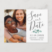 Eucalyptus Grijs Script Foto Opslaan Onze Datum Aankondigingskaart (Voorkant)