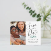 Eucalyptus Grijs Script Foto Opslaan Onze Datum Aankondigingskaart (Staand voorkant)