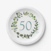 Eucalyptus groen 50e verjaardag papieren bordje (Voorkant)