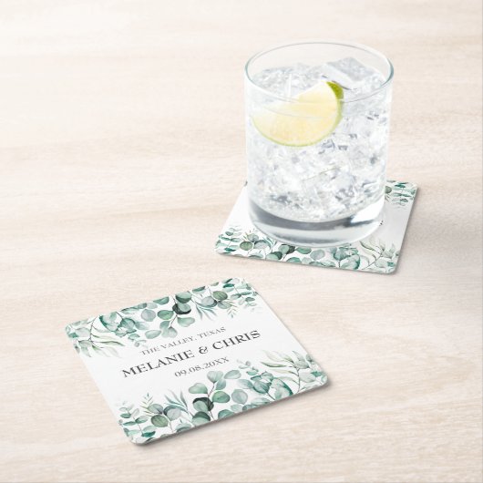 Eucalyptus groen aangepaste boho rustieke bruiloft kartonnen onderzetters (Insitu)