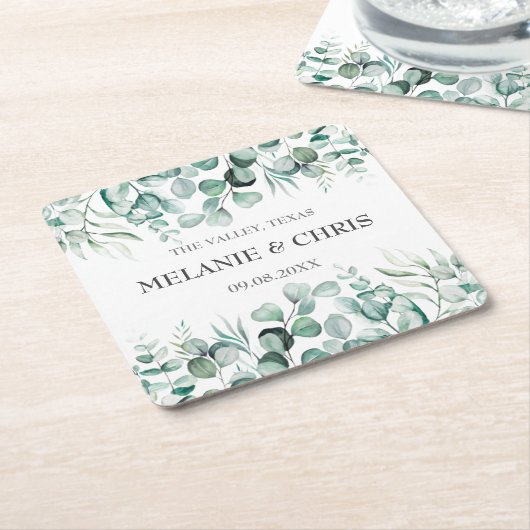 Eucalyptus groen aangepaste boho rustieke bruiloft kartonnen onderzetters (Schuin)