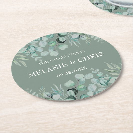 Eucalyptus groen aangepaste boho rustieke bruiloft ronde kartonnen onderzetter (Gebogen)