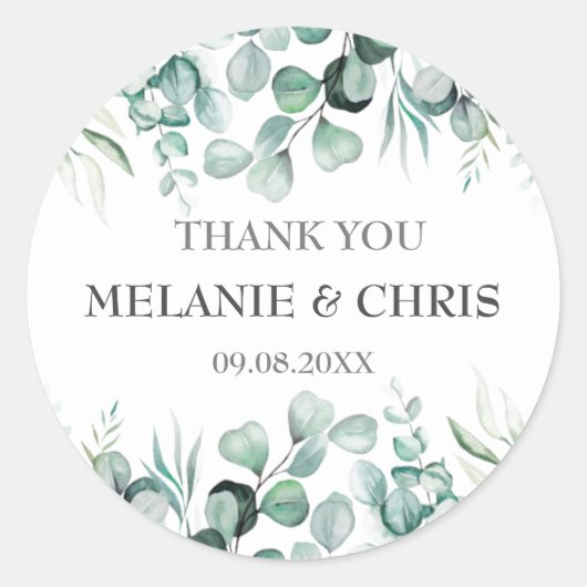 Eucalyptus groen aangepaste boho rustieke bruiloft ronde sticker (Voorkant)