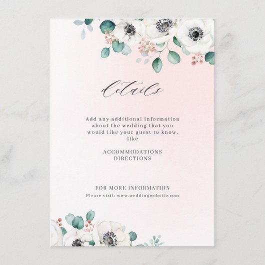 Eucalyptus groen anemoon bloemrijke rustieke bruil informatiekaartje (Voorkant)