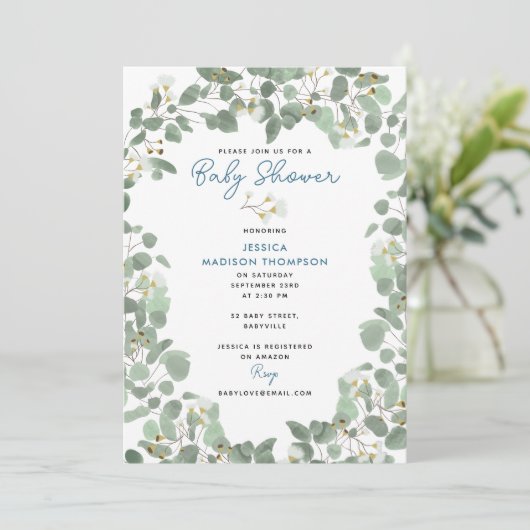 Eucalyptus groen baby jongen blauwe babyshower kaart (Staand voorkant)