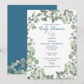 Eucalyptus groen baby jongen blauwe babyshower kaart (Voorkant / Achterkant)