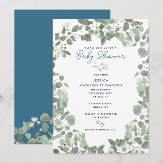 Eucalyptus groen baby jongen blauwe babyshower kaart (Voorkant / Achterkant)