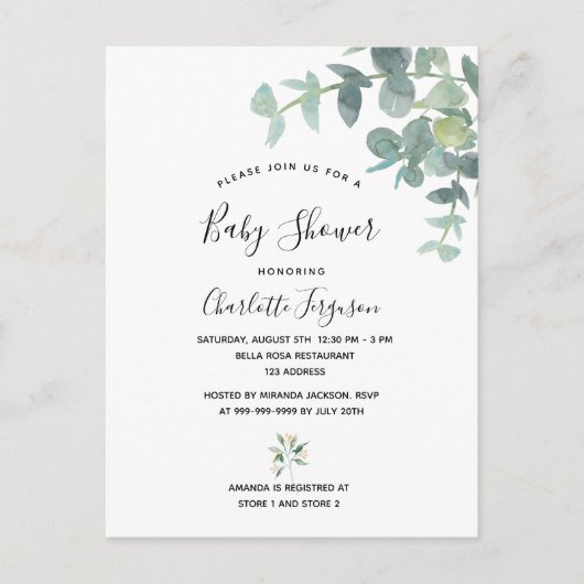 Eucalyptus groen baby shower briefkaart (Voorkant)