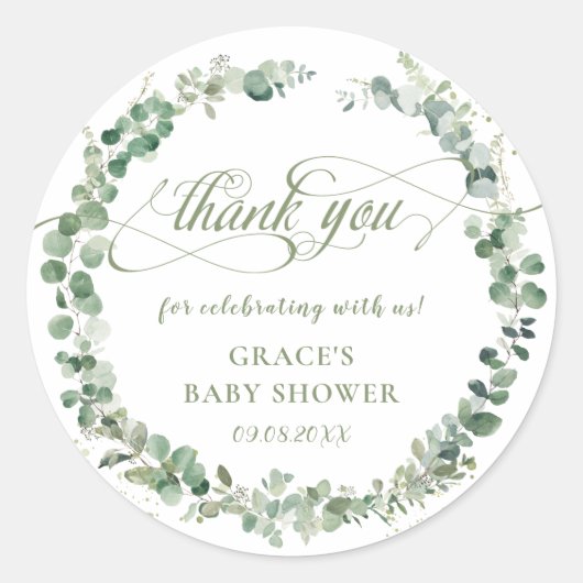 Eucalyptus groen Baby shower dank u voor Ronde Sticker (Voorkant)