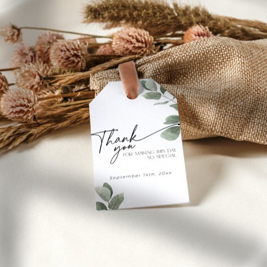 Eucalyptus groen bedankt salie bruidsfeest cadeaulabel