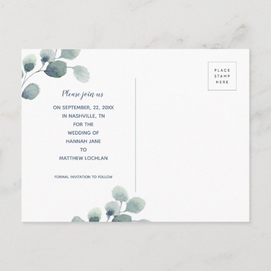 Eucalyptus groen Bewaar de datum Blauwe Waterverf Aankondigingskaart (Achterkant)