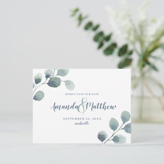 Eucalyptus groen Bewaar de datum Blauwe Waterverf Aankondigingskaart (Staand voorkant)
