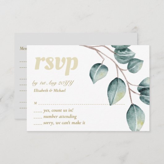 Eucalyptus groen blad bruiloft RSVP MENU (Voorkant / Achterkant)