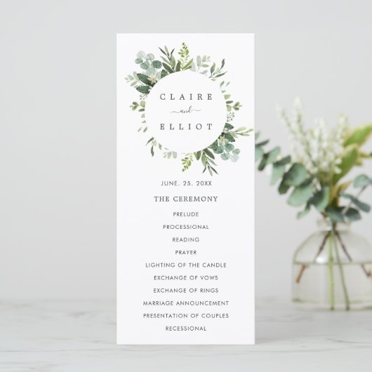 Eucalyptus groen blad bruiloftsceremonie programma programmakaart (Staand voorkant)