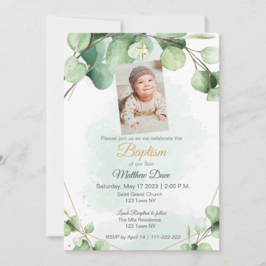 Eucalyptus groen blad Doop Uitnodiging (Voorkant)