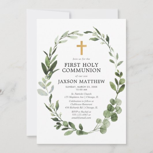 Eucalyptus groen blad eenvoudige eerste communie kaart (Voorkant)