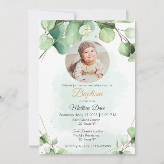 Eucalyptus groen blad foto Doop Uitnodiging (Voorkant)