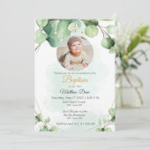 Eucalyptus groen blad foto Doop Uitnodiging (Staand voorkant)