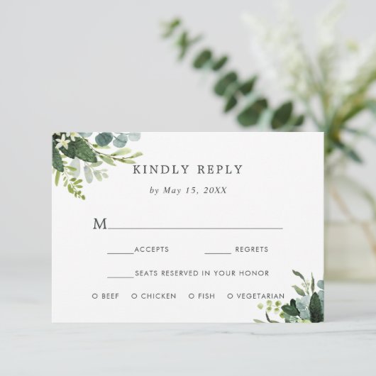 Eucalyptus groen blad RSVP met maaltijdkeuze (Staand voorkant)