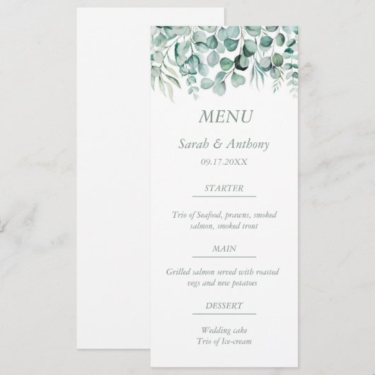 Eucalyptus groen blad rustieke bruiloft voedsel menu (Voorkant / Achterkant)