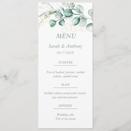 Eucalyptus groen blad rustieke bruiloft voedsel menu (Voorkant)