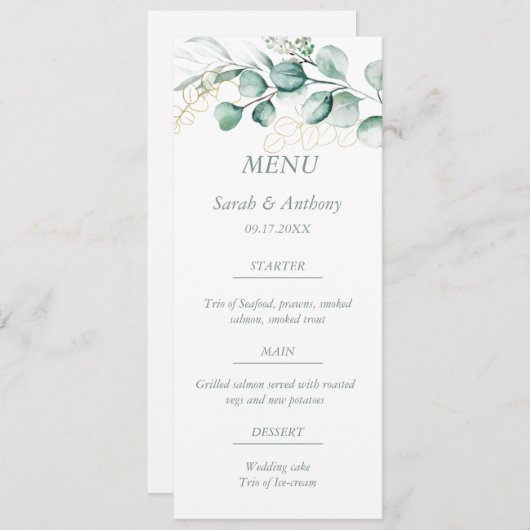 Eucalyptus groen blad rustieke bruiloft voedsel menu (Voorkant / Achterkant)
