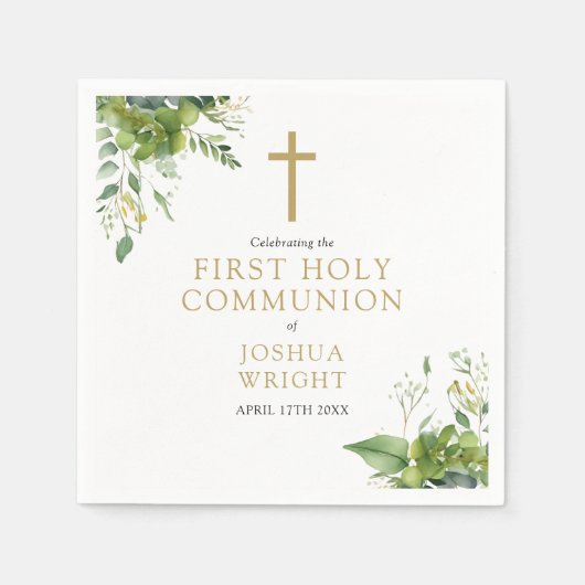 Eucalyptus Groen Bloemen Eerste Heilige Communie Servet (Voorkant)