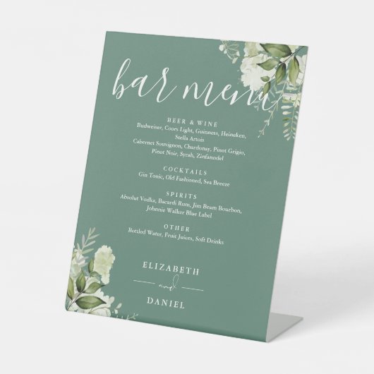 Eucalyptus Groen Bloemengroen Wedding Bar Menu Reclamebord Met Voetstuk (Voorkant)