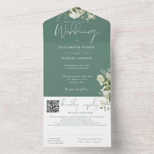 Eucalyptus groen bloemenmonogram QR-code bruiloft All In One Uitnodiging (Binnen)
