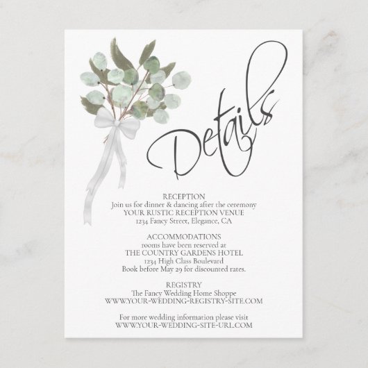 Eucalyptus & groen boeket bruiloft details informatiekaartje (Voorkant)