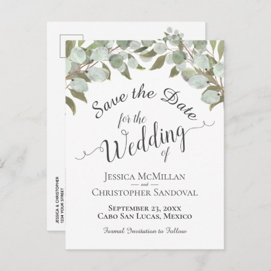 Eucalyptus & Groen Boho Bruiloft Save the Date Aankondigingskaart (Voorkant / Achterkant)