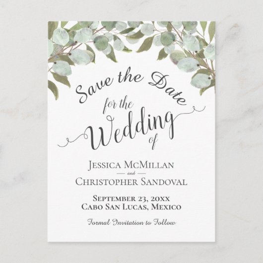 Eucalyptus & Groen Boho Bruiloft Save the Date Aankondigingskaart (Voorkant)