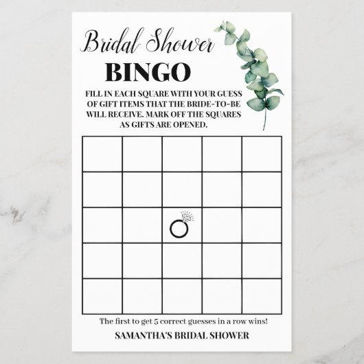 Eucalyptus groen bruidsshower bingo spelkaart flyer (Voorkant)