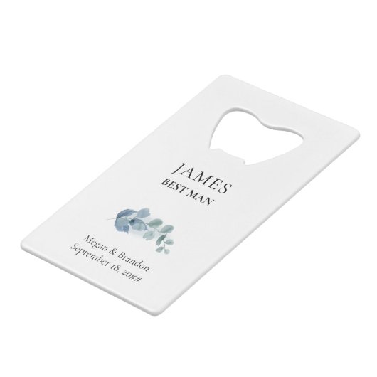 Eucalyptus groen bruiloft creditkaart flessenopener (Voorkant Gekanteld)