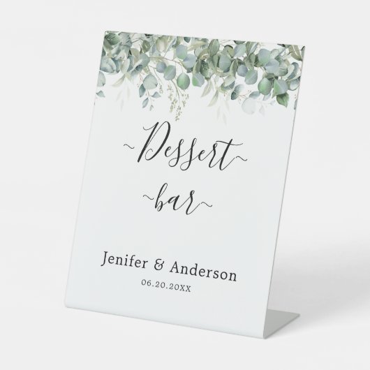 Eucalyptus groen bruiloft dessert bar teken reclamebord met voetstuk (Voorkant)