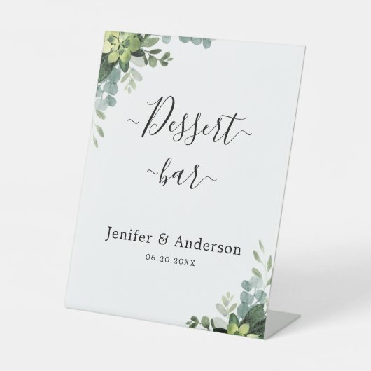 Eucalyptus groen bruiloft dessert bar teken reclamebord met voetstuk (Voorkant)