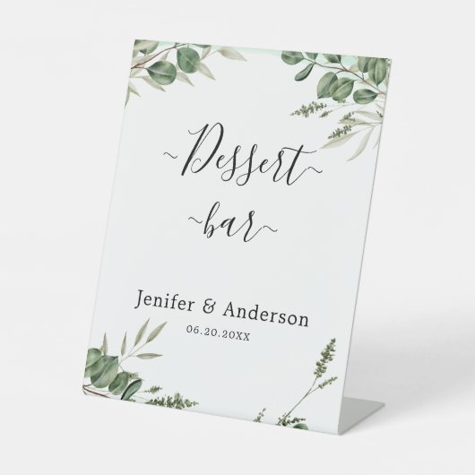 Eucalyptus groen bruiloft dessert bar teken reclamebord met voetstuk (Voorkant)