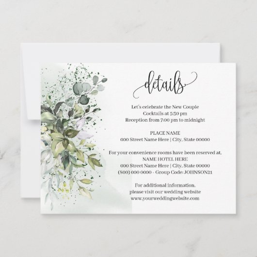 Eucalyptus groen bruiloft details invoegen Kaart (Voorkant)